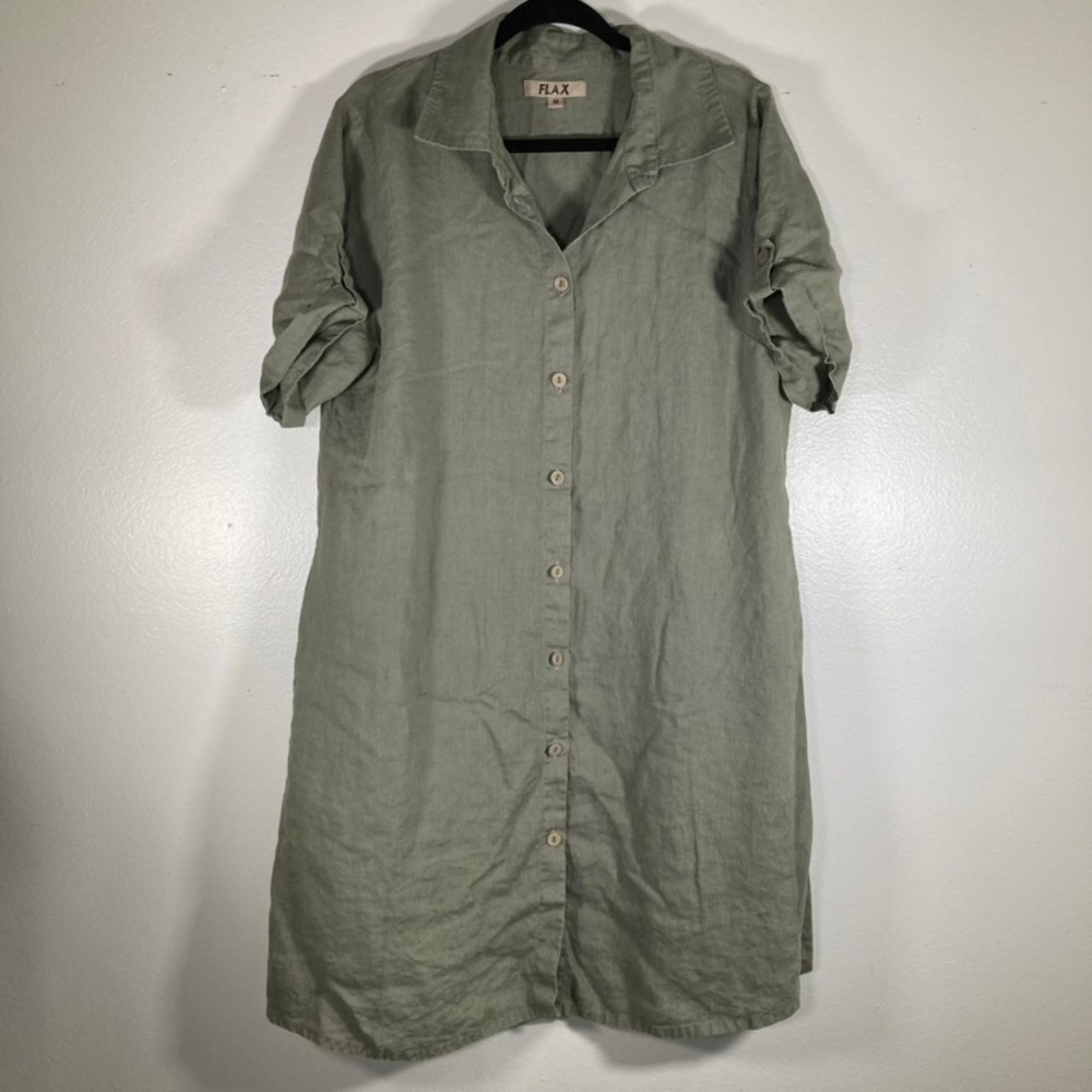 FLAX Women M 100% Linen Button Down Shirt Dress Sage Short Sleeve Lagenlook